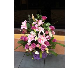 BK11 TIGER LILIES, ROSES WITH MIXED FLOWER BASKET