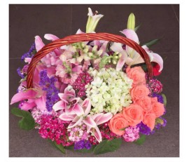 BK17 PINK ROSES, TIGER LILIES & HYDRANGEA BASKET