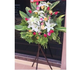 BK20 MIXED COLOUR ROSES WITH WHITE LILIES GRAND OPENING BASKET