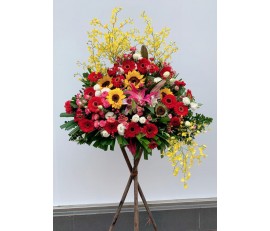 BK23 LARGE OPENING BASKET WITH RED GERBERAS/ SUNFLOWERS / DANCING ORCHIDS / MATCHING GREENS