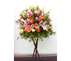 BK3 LARGE OPENING BASKET WITH LILIES ,SUNFLOWERS & MIXING FLOWERS ON WOODEN STAND
