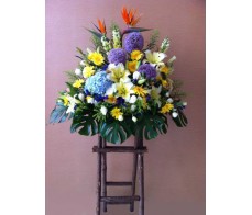 BK5 LARGE FLOWER BASKET WITH BIRD OF PARADISE, HYDRANGEAS, GERBERAS, LILIES & SEASONAL FLOWERS ON STAND