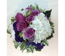 B1 Purple Roses, white hydrangeas & purple mixed flower bridal bouquet