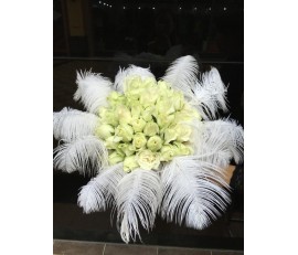 B29 WHITE ROSES BRIDAL BOUQUET WITH WHITE FEATHERS