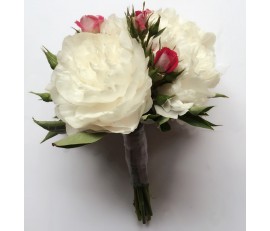 B35 WHITE PEONY WITH MINI RED ROSES BRIDAL BOUQUET
