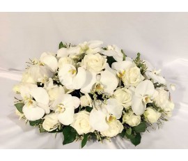 C4 WHITE ORCHIDS WITH WHITE ROSES TABLE CONDOLENCE FLOWER