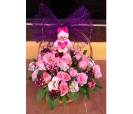 H3 PINK ROSES WITH MIXED FLOWERS BASKET WITH A SMALL PINK SOFT TOY