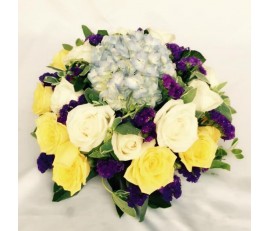 T54 ROUND TABLE FLOWER WITH YELLOW, WHITE ROSES & HYDRANGEA