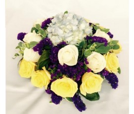 T54 ROUND TABLE FLOWER WITH YELLOW, WHITE ROSES & HYDRANGEA