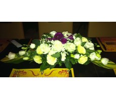 T45 WHITE ROSES WITH PURPLE ORCHID LONG TABLE DISPLAY