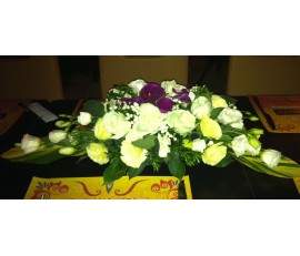 T45 WHITE ROSES WITH PURPLE ORCHID LONG TABLE DISPLAY