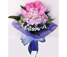 V2.7~ 12 PINK ROSES WITH 2 PINK HYDRANGEAS BOUQUET